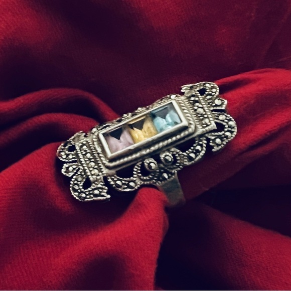 Vintage Sterling 925 Three Stone Art Deco Style Filigree Marcasites size 5.75 - Picture 2 of 10